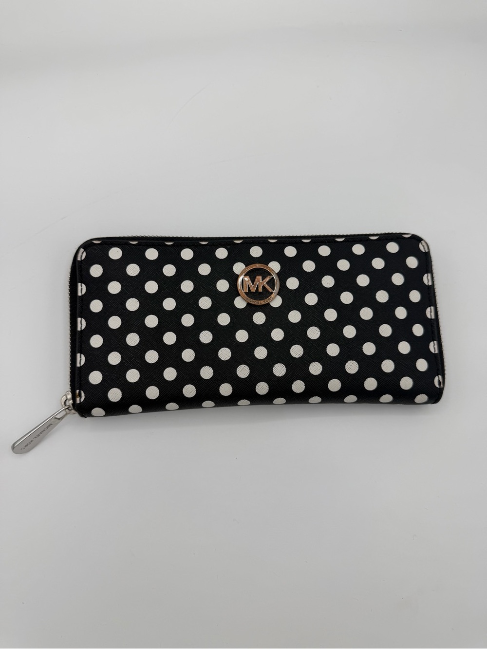 Michael Kors Black and White Polka Dot Zip-Around Wallet